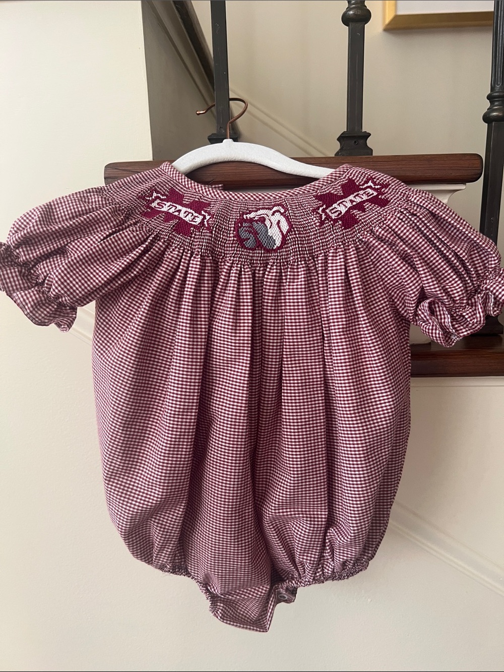 Smocked Bulldog Gingham Baby Bubble in Maroon